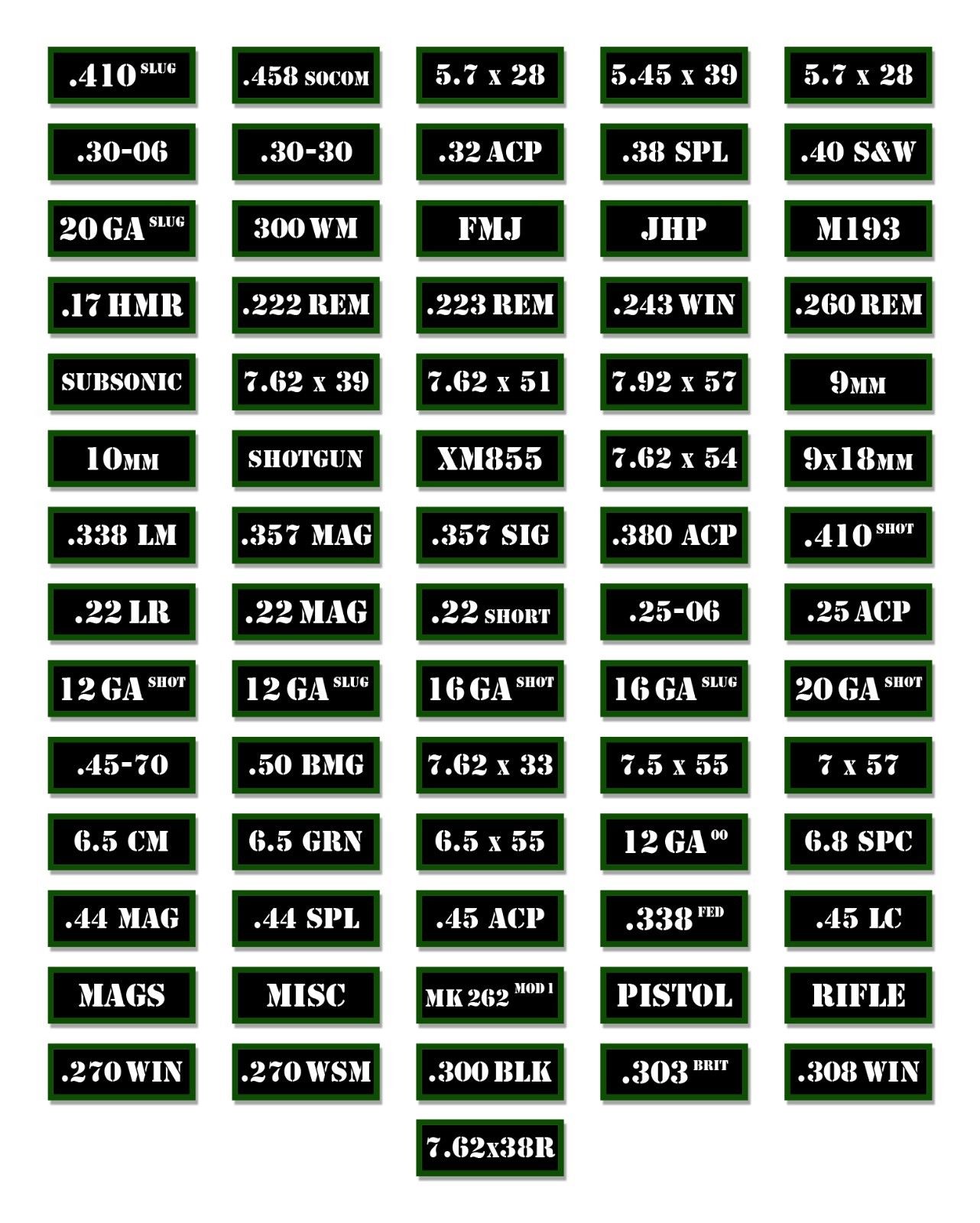 10 Pack of Ammo Can Decals - Black and Green