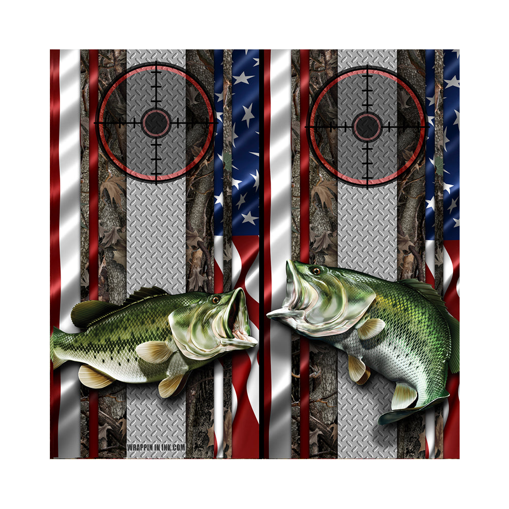 Cornhole Board Wraps - Bass Fish Oak Ambush American Flag Diamond Plate Target 1L&5R - 2 PACK