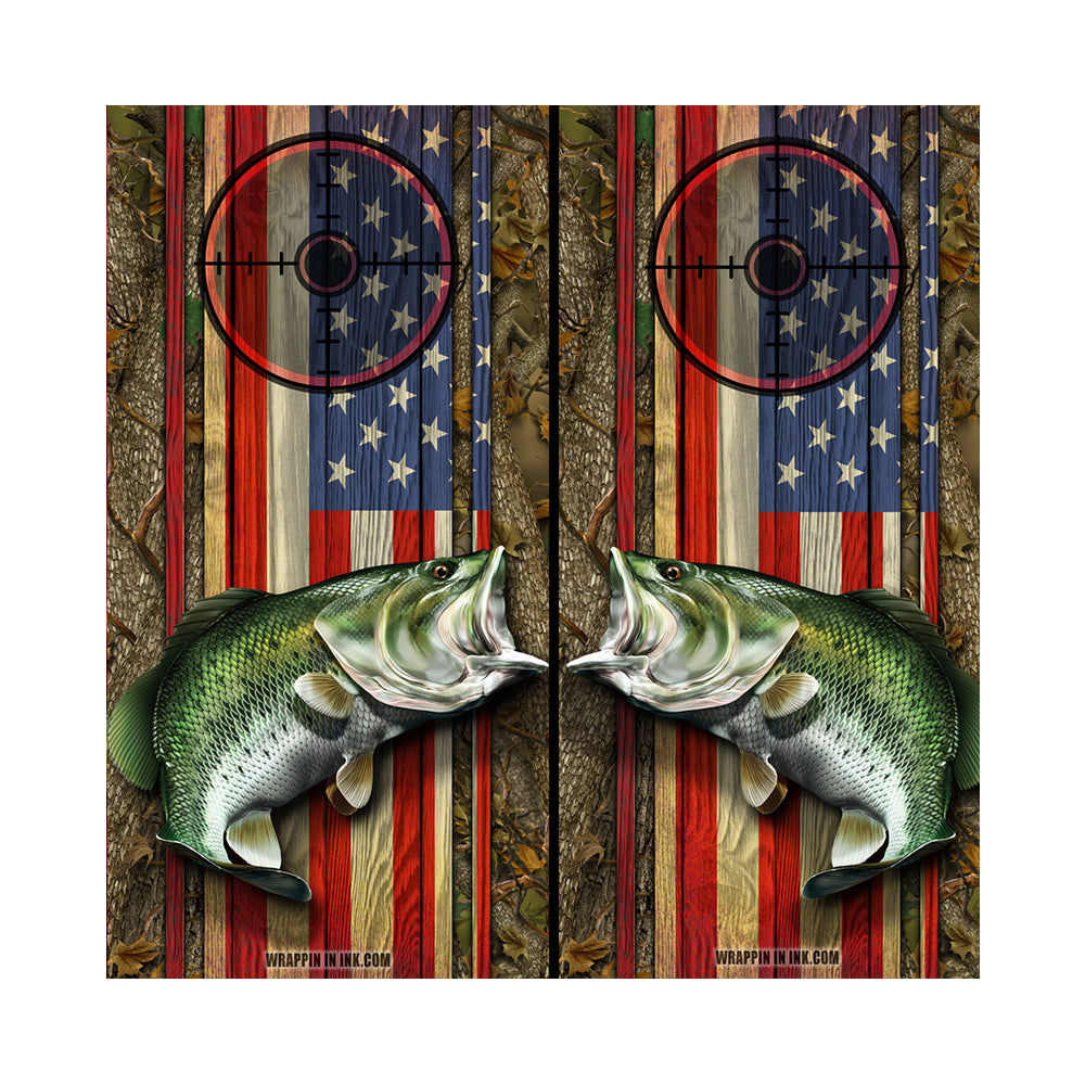 Cornhole Board Wraps - Bass Fish Forest American Flag Target 1L&1R - 2 PACK
