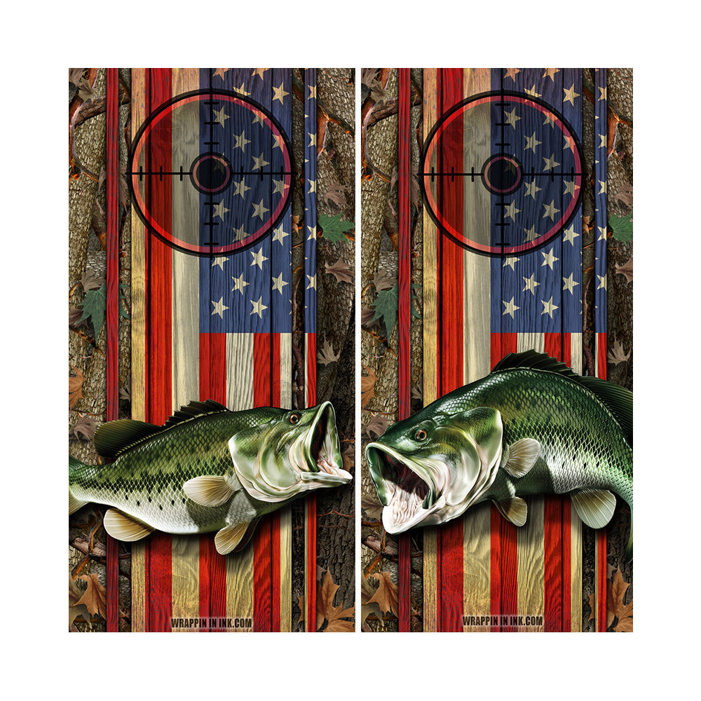 Cornhole Board Wraps - Bass Fish Forest American Flag Target 2L&5R - 2 PACK