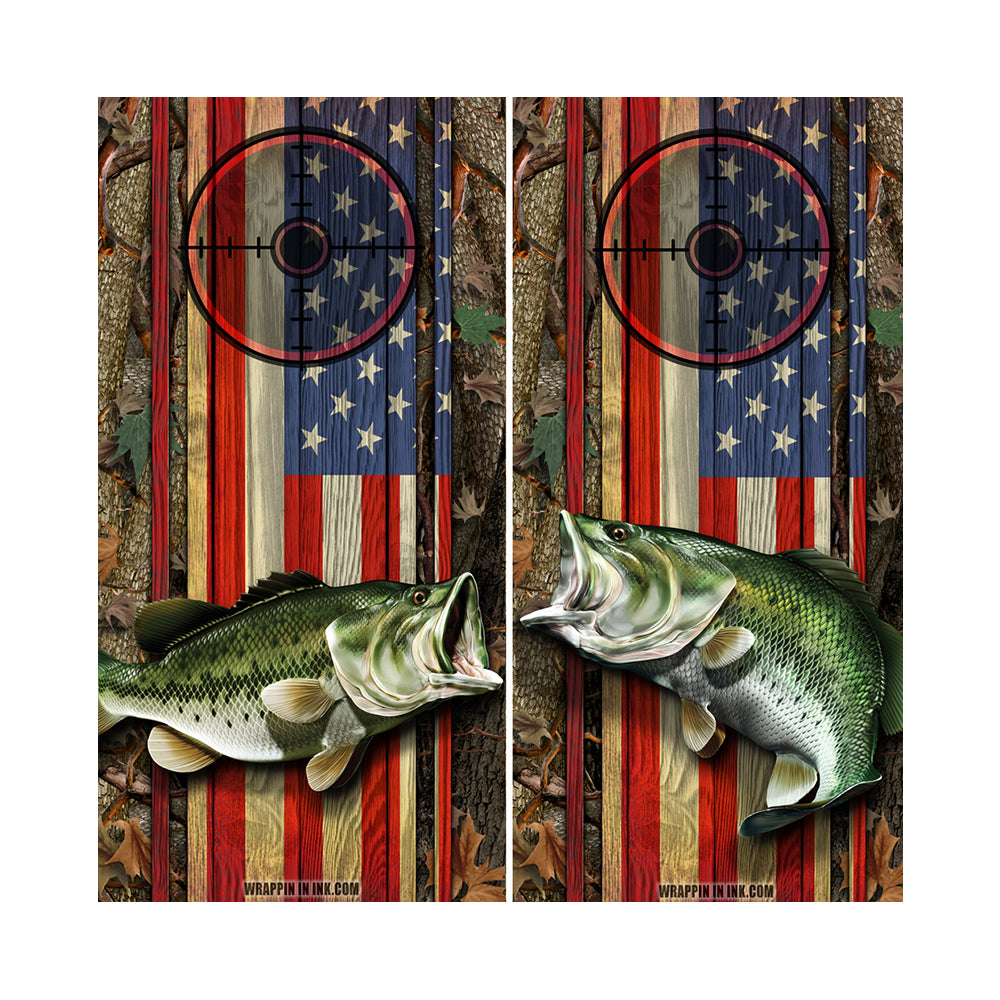Cornhole Board Wraps - Bass Fish Oak Ambush American Flag Target 1L&5R - 2 PACK