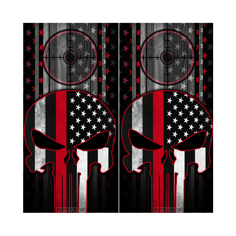 Cornhole Board Wraps - Red Line American Flag Punisher Target 2 PACK