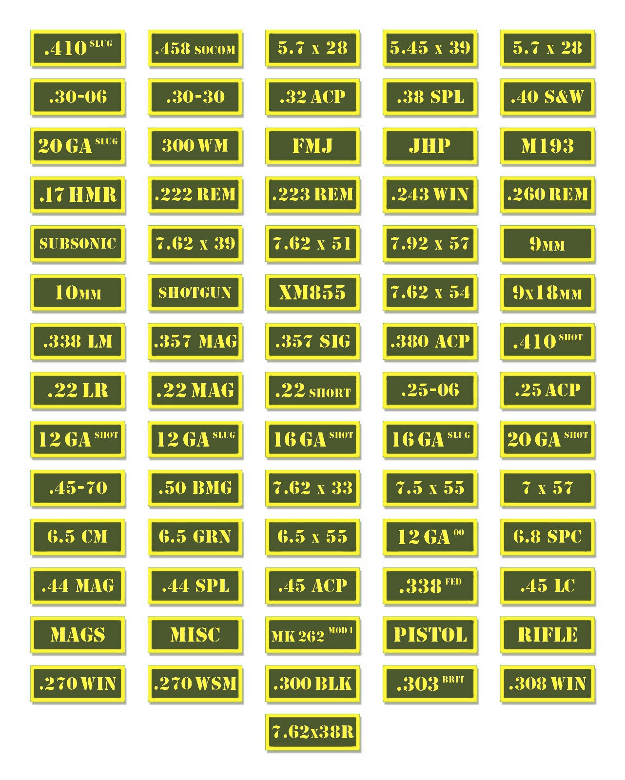 10 Pack of Ammo Can Decals - Army Green and Yellow