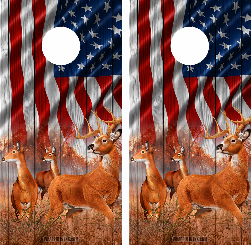 American Flag Buck-n-Deer Wood Cornhole Wraps 