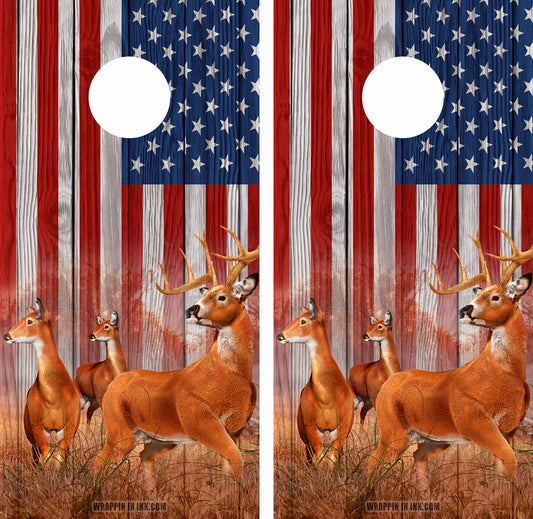 American Flag Buck-n-Deer Wood Cornhole Wraps 3