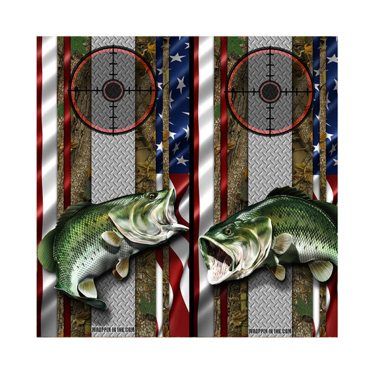 Cornhole Board Wraps - Bass Fish Forest American Flag Diamond Plate Target 2L&1R - 2 PACK