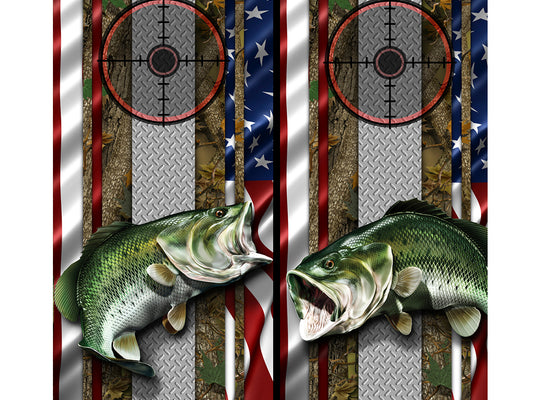 Cornhole Board Wraps - Bass Fish Forest American Flag Diamond Plate Target 2L&1R - 2 PACK