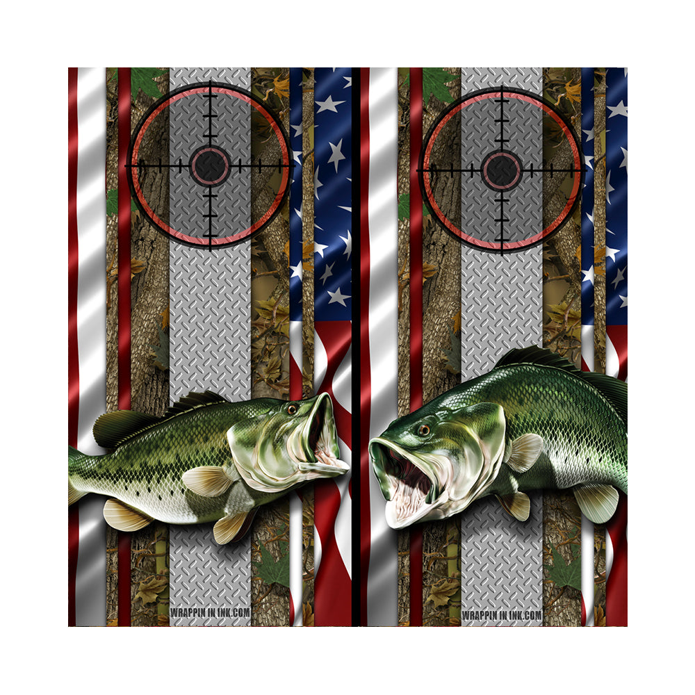 Cornhole Board Wraps - Bass Fish Forest American Flag Diamond Plate Target 2L&5R - 2 PACK