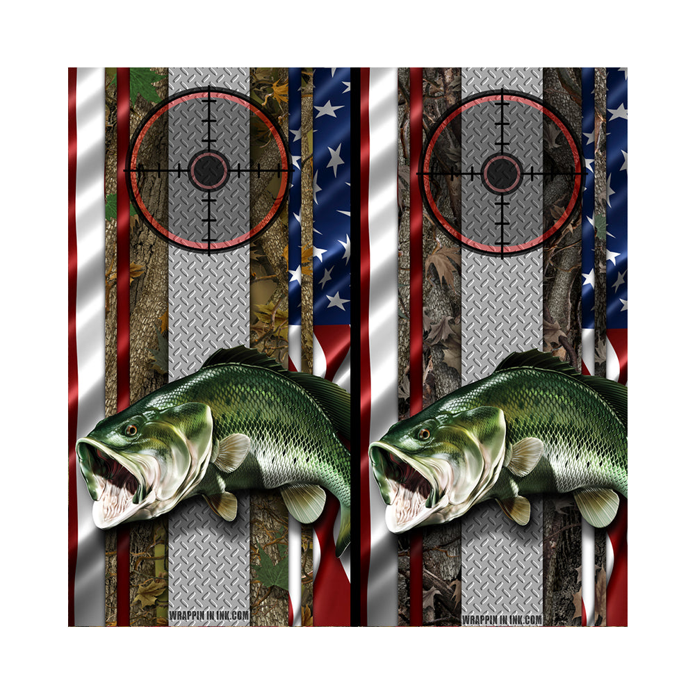 Cornhole Board Wraps - Bass Fish Forest American Flag Diamond Plate Target 2L&2L - 2 PACK