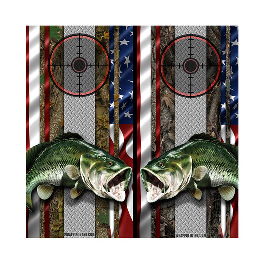 Cornhole Board Wraps - Bass Fish Forest American Flag Diamond Plate Target 2L&2R - 2 PACK