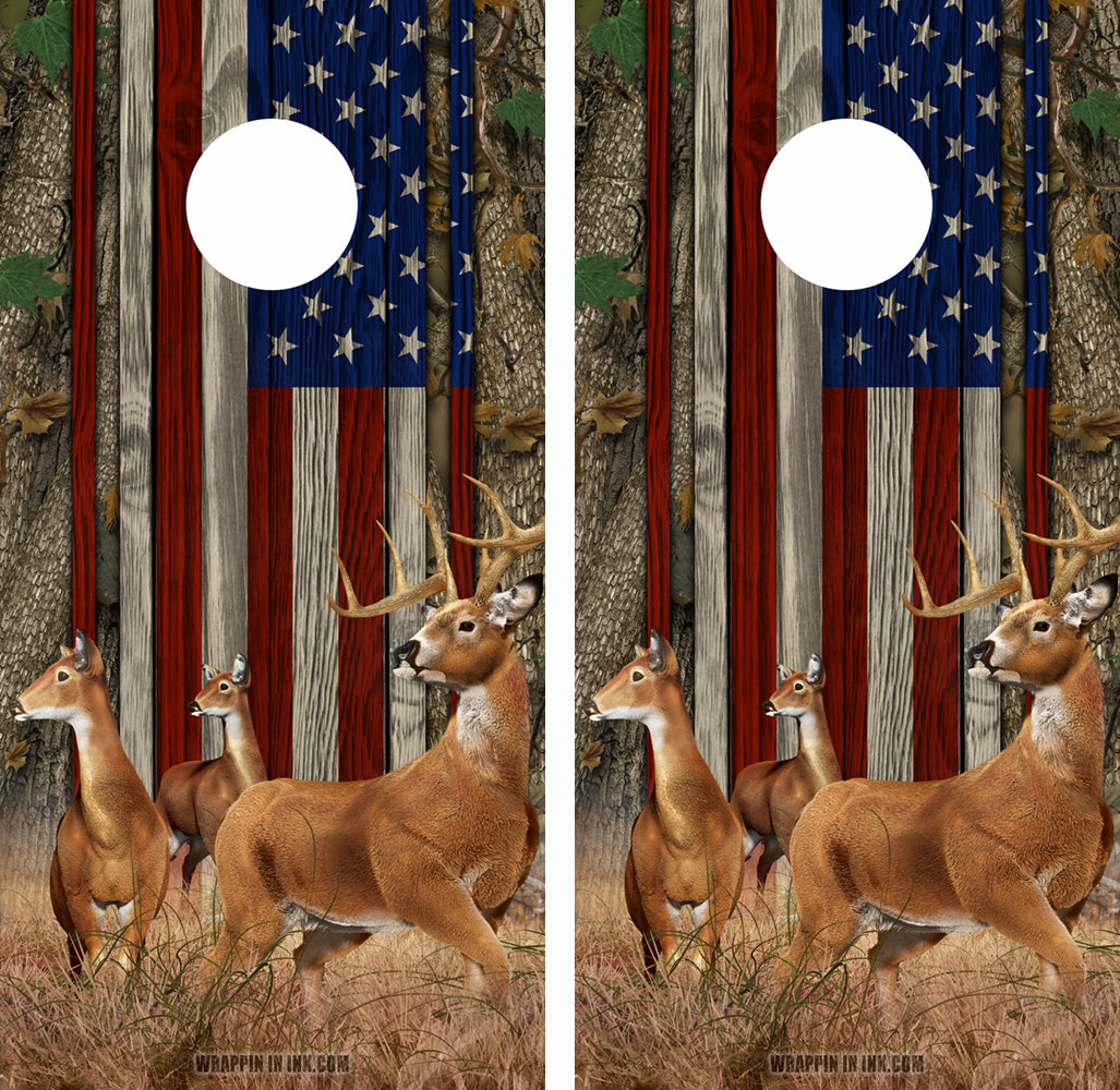 American Flag Forest Camo Buck-n-Deer Wood Cornhole Wraps 11