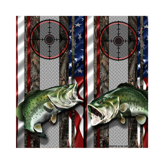 Cornhole Board Wraps - Bass Fish Oak Ambush American Flag Diamond Plate Target 1L&2R - 2 PACK