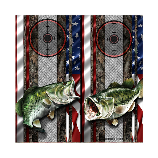 Cornhole Board Wraps - Bass Fish Oak Ambush American Flag Diamond Plate Target 3L&1R - 2 PACK