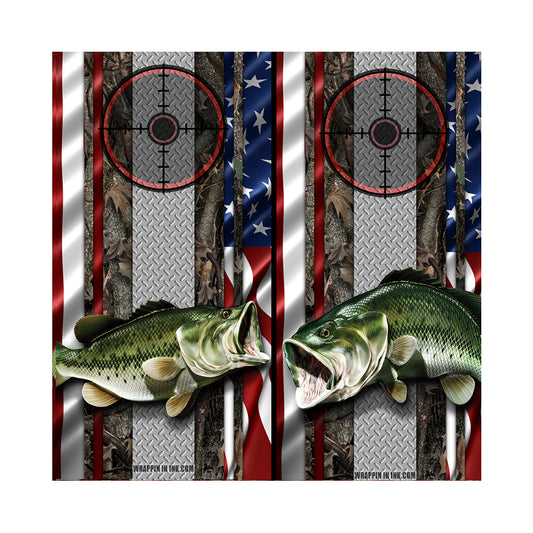 Cornhole Board Wraps - Bass Fish Oak Ambush American Flag Diamond Plate Target 2L&5R - 2 PACK
