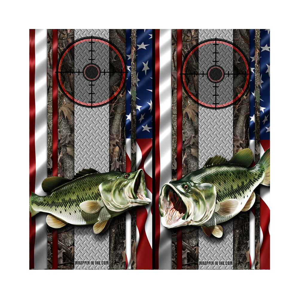 Cornhole Board Wraps - Bass Fish Oak Ambush American Flag Diamond Plate Target 3L&5R - 2 PACK