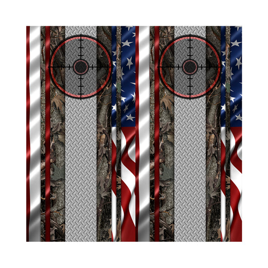 Cornhole Board Wraps - Oak Ambush American Flag Diamond Plate Target - 2 PACK