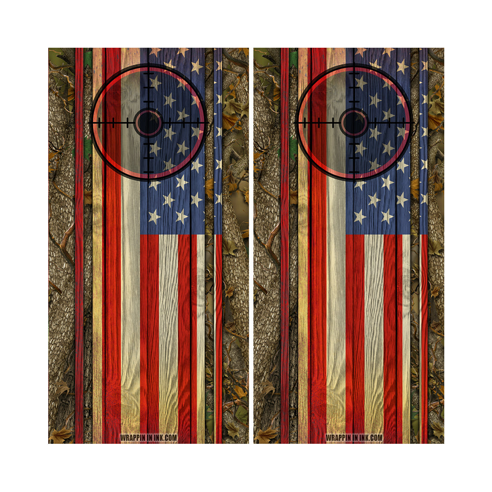 Cornhole Board Wraps - Forest American Flag Patriotic Target - 2 PACK