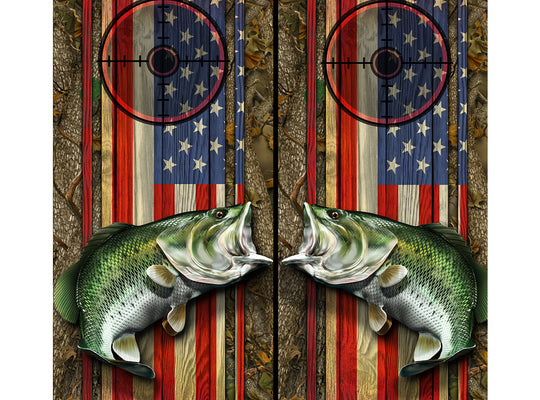 Cornhole Board Wraps - Bass Fish Forest American Flag Target 1L&1R - 2 PACK