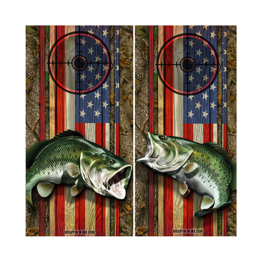 Cornhole Board Wraps - Bass Fish Forest American Flag Target 1L&2R - 2 PACK