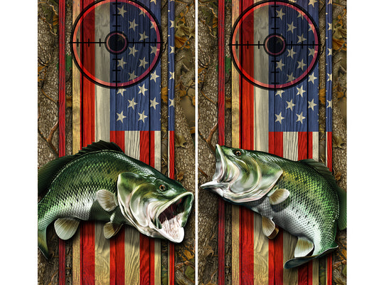 Cornhole Board Wraps - Bass Fish Forest American Flag Target 1L&2R - 2 PACK