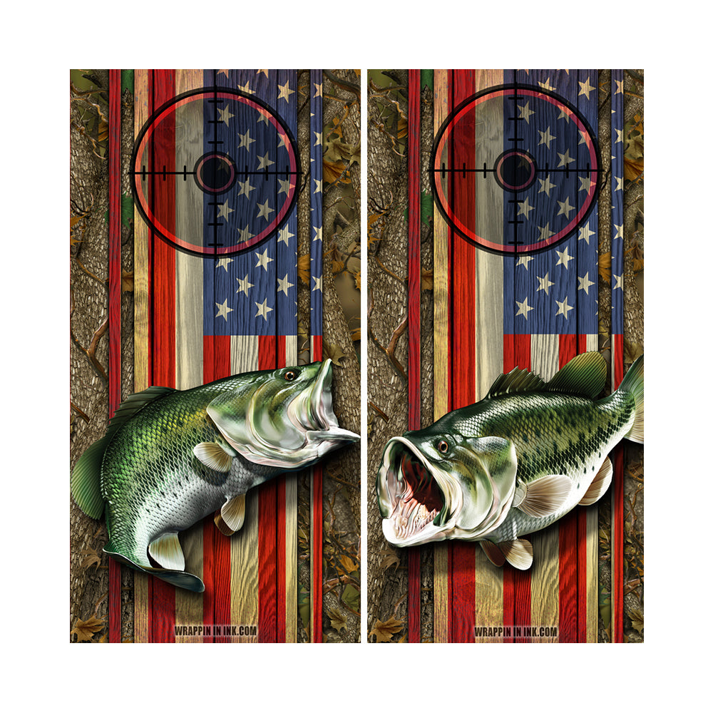 Cornhole Board Wraps - Bass Fish Forest American Flag Target 3L&1R - 2 PACK
