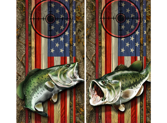 Cornhole Board Wraps - Bass Fish Forest American Flag Target 3L&1R - 2 PACK