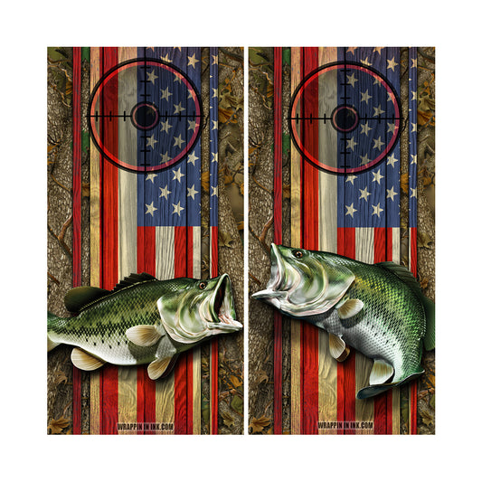 Cornhole Board Wraps - Bass Fish Forest American Flag Target 1L&5R - 2 PACK