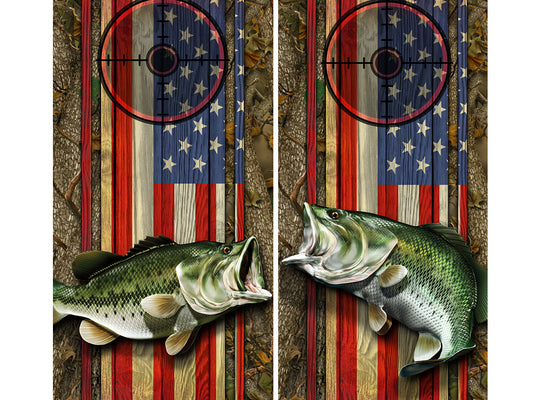 Cornhole Board Wraps - Bass Fish Forest American Flag Target 1L&5R - 2 PACK