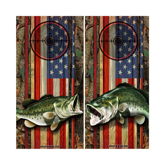 Cornhole Board Wraps - Bass Fish Forest American Flag Target 2L&5R - 2 PACK