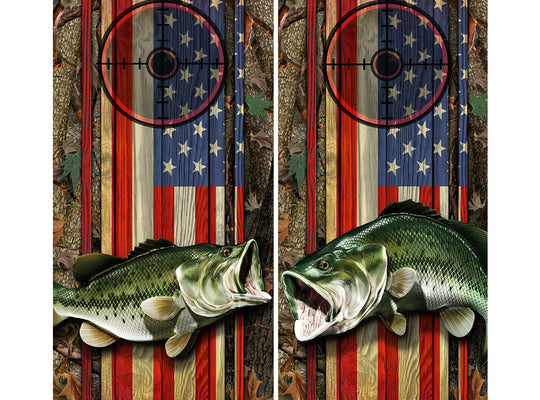 Cornhole Board Wraps - Bass Fish Forest American Flag Target 2L&5R - 2 PACK