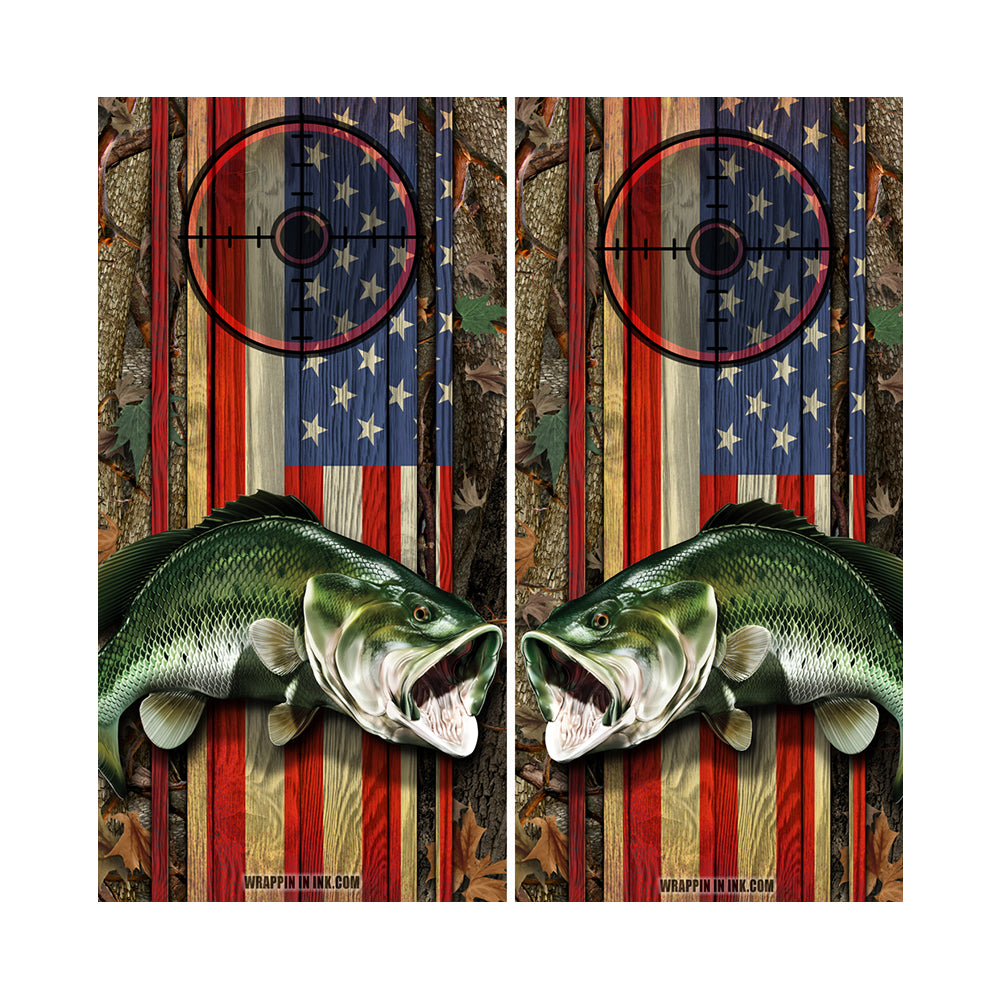 Cornhole Board Wraps - Bass Fish Oak Ambush American Flag Target 2L&2R - 2 PACK