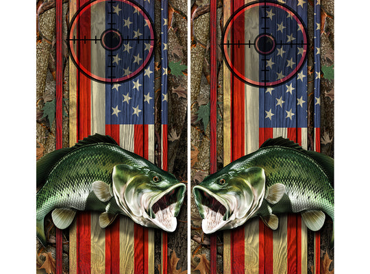 Cornhole Board Wraps - Bass Fish Oak Ambush American Flag Target 2L&2R - 2 PACK