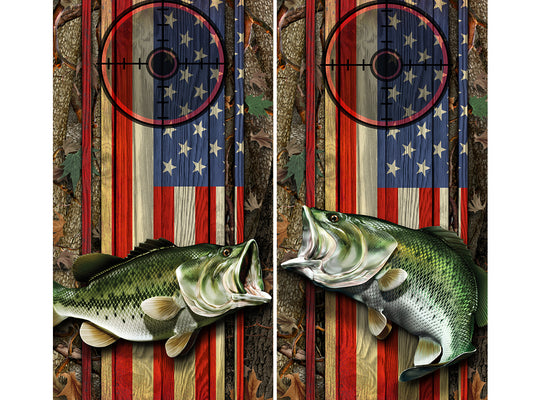 Cornhole Board Wraps - Bass Fish Oak Ambush American Flag Target 1L&5R - 2 PACK
