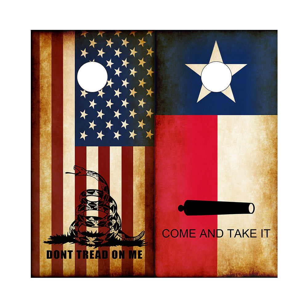 Cornhole Board Wraps Combo - Dont Tread On Me Rustic America Flag & Come and Take It Rustic Texas Flag 2 PACK