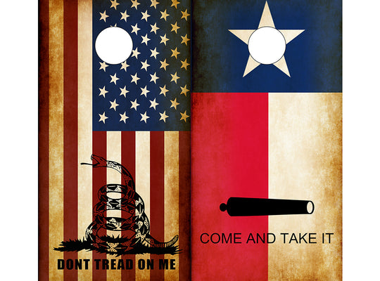 Cornhole Board Wraps Combo - Dont Tread On Me Rustic America Flag & Come and Take It Rustic Texas Flag 2 PACK