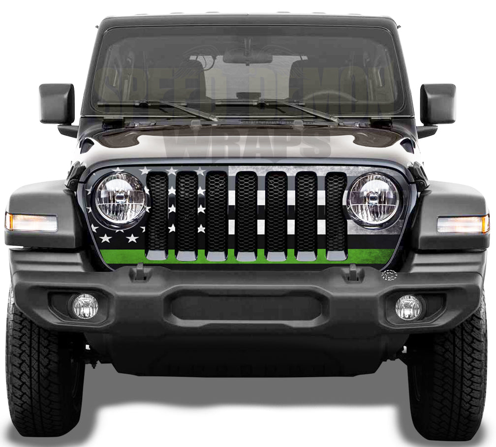 Jeep Grill Wrap - American Flag Green Line Subdued Wrangler JL 2018 - 2019 - 2020