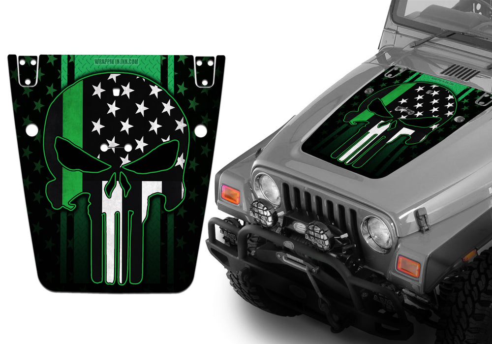 Jeep Hood Decal Blackout Wrap - Green Line Punisher Green Diamond Plate Wrangler 1997-2006
