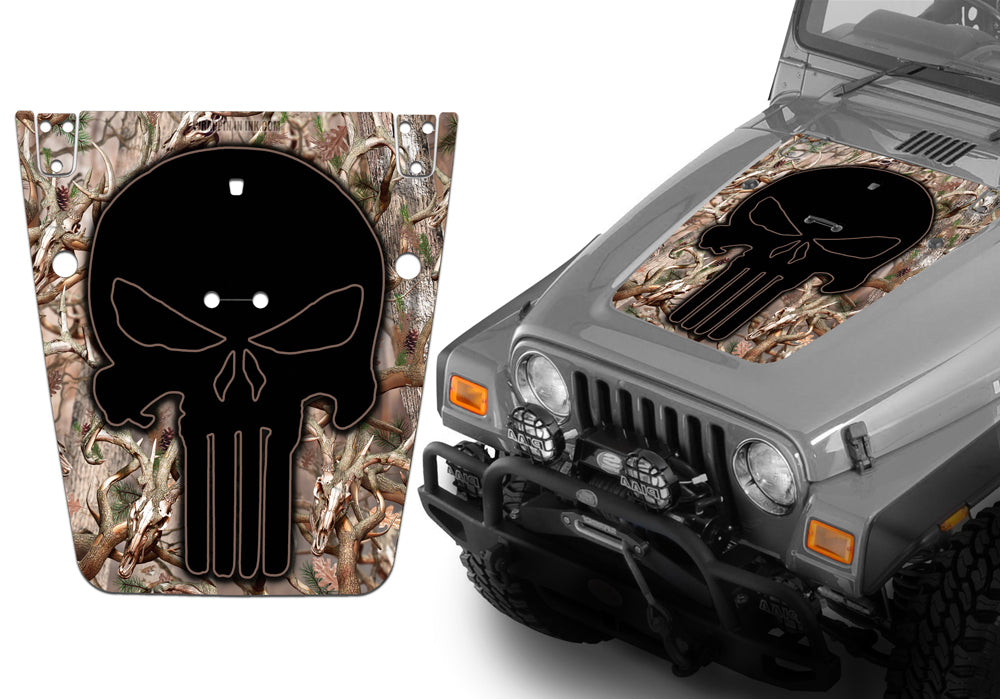 Jeep Hood Decal Blackout Wrap - Buck Skulls Punisher Camo Camouflage Wrangler 1997-2006