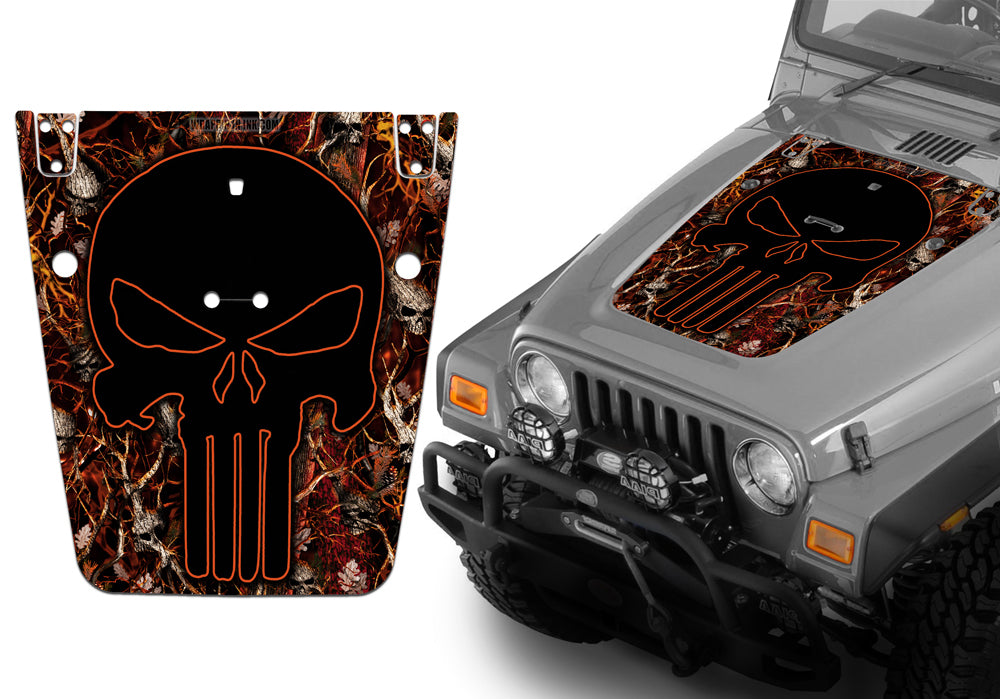 Jeep Hood Decal Blackout Wrap - Blaze Skulls Punisher Camo Camouflage Wrangler 1997-2006