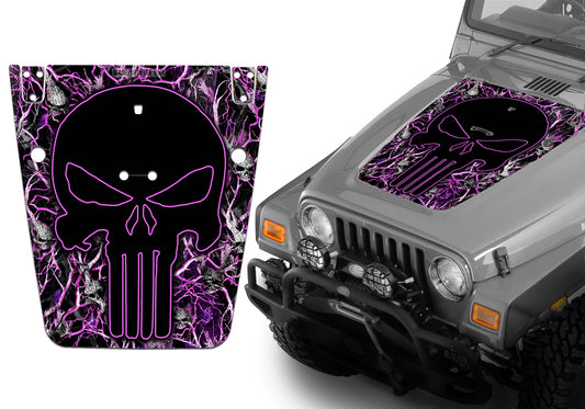 Jeep Hood Decal Blackout Wrap - Pink Skulls Punisher Camo Camouflage Wrangler 1997-2006