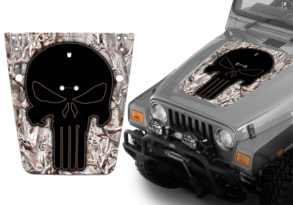 Jeep Hood Decal Blackout Wrap - Buck Snow Skulls Punisher Camo Camouflage Wrangler 1997-2006