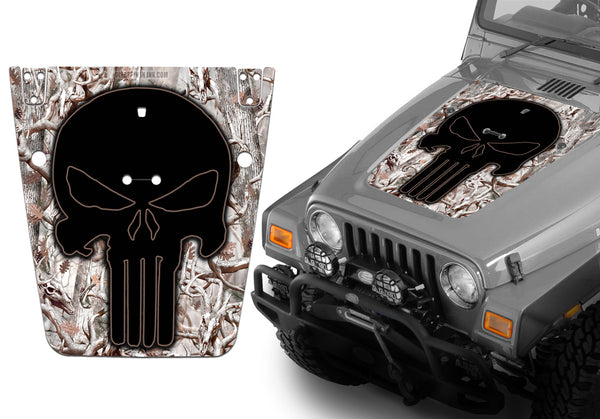 Jeep Hood Decal Blackout Wrap - Buck Snow Skulls Punisher Camo Camouflage Wrangler 1997-2006