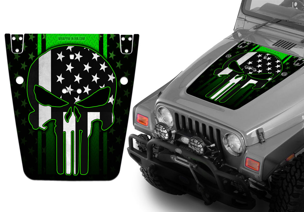 Jeep Hood Decal Blackout Wrap - Subdued Punisher Green Diamond Plate Wrangler 1997-2006