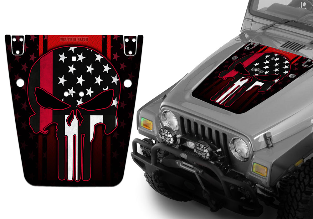 Jeep Hood Decal Blackout Wrap - Red Line Punisher Red Diamond Plate Wrangler 1997-2006