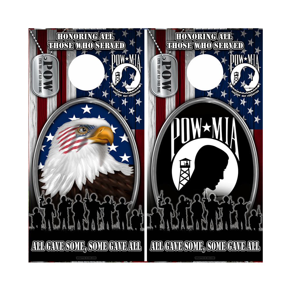Cornhole Board Wraps Combo - Honoring All of Those Who Served EAGLE & POW w/ TAGS - 2 PACK