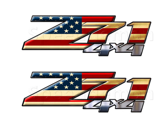 Rustic American Flag pattern on Z71 Decals with the 4x4 underneath printed to look like metal