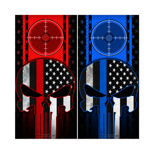 Cornhole Board Wraps Combo - Blue Line & Red Line American Flag Punisher Target Blue & Red Diamond Plate 2 PACK