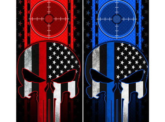 Cornhole Board Wraps Combo - Blue Line & Red Line American Flag Punisher Target Blue & Red Diamond Plate 2 PACK
