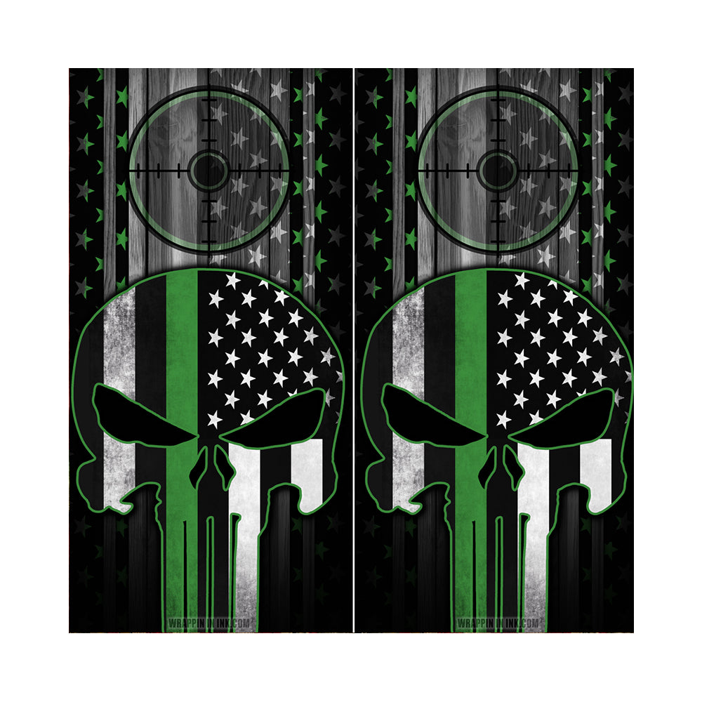 Cornhole Board Wraps - Green Line American Flag Punisher Target 2 PACK