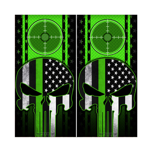 Cornhole Board Wraps - Green Line American Flag Punisher Target Green Diamond Plate 2 PACK